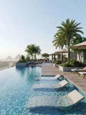 شقة فندقية ب إدارة هيلتون للبيع في سيفل سفن بالقرب من المحتف المصري الكبير و فيو الاهرامات